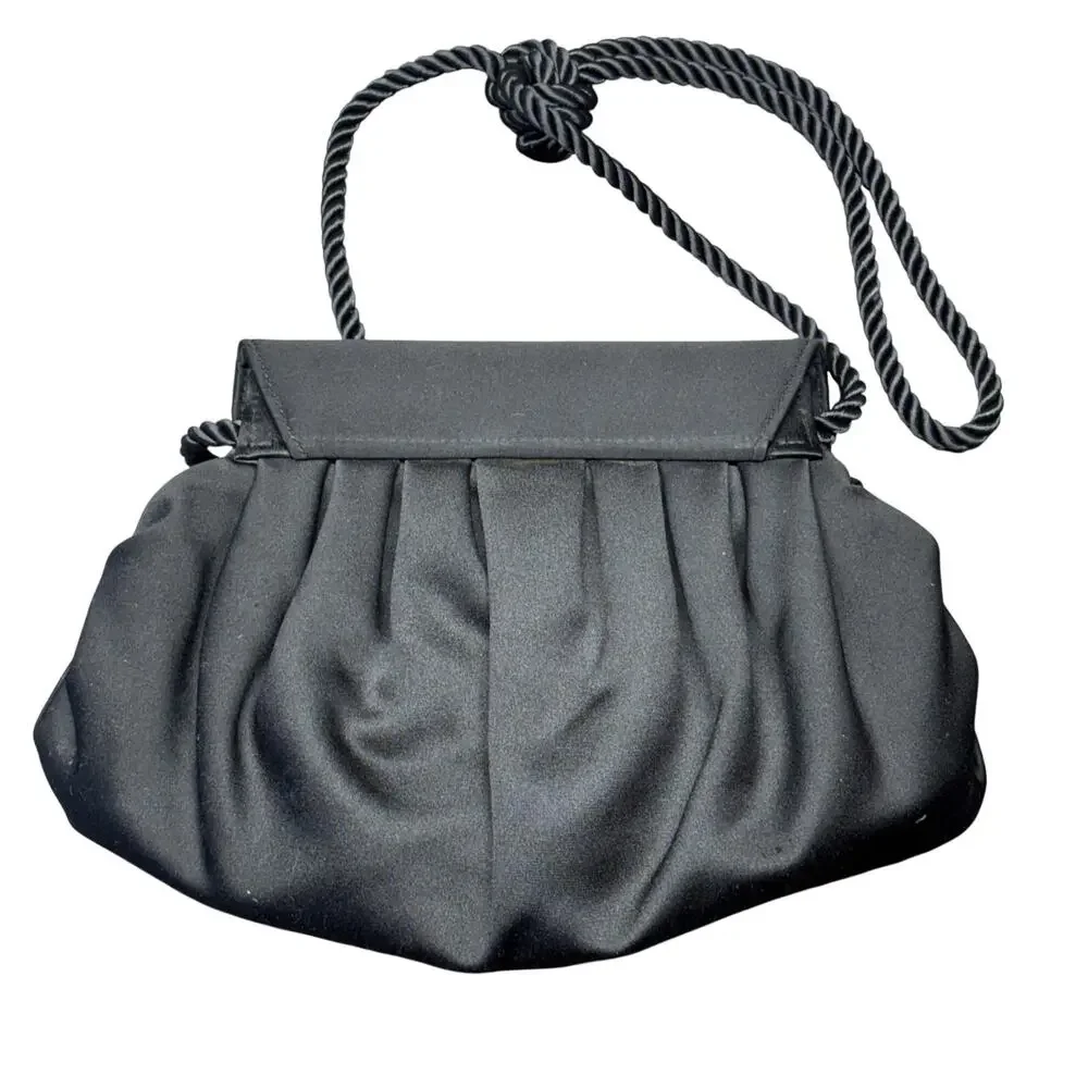 Vintage Nordstrom Black Satin Evening Purse Gold Pearl Clasp Rope Strap Hongkong